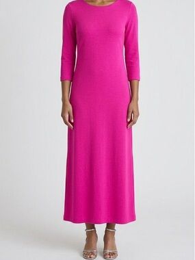 Joan Vass Fuchsia Pink Maxi Dress 3/4 Sleeve Cotton Sheath Size 0 Elegant